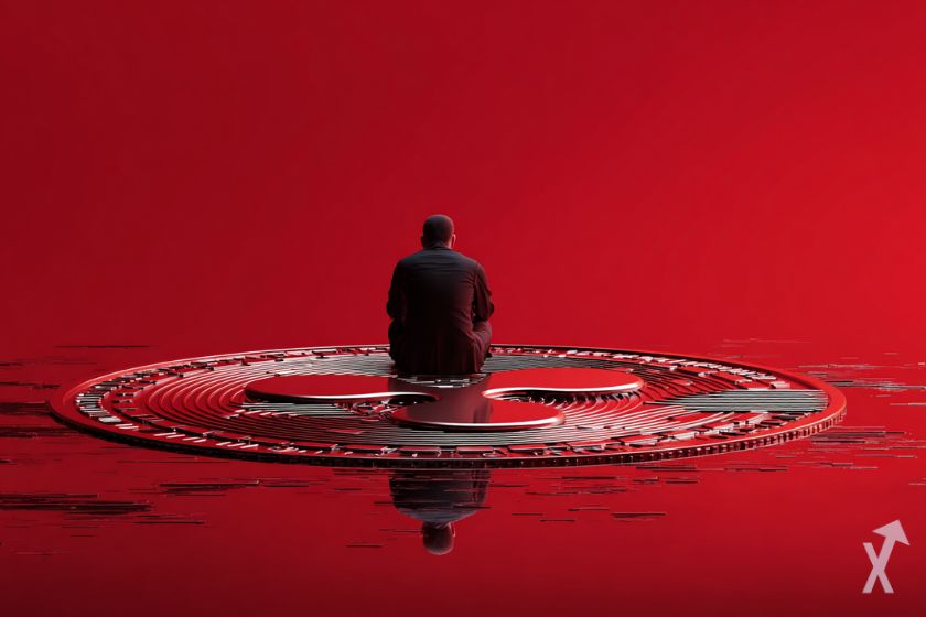 un trader de l'etf xrp de dos, assis sur le logo xrp ripple, fond rouge