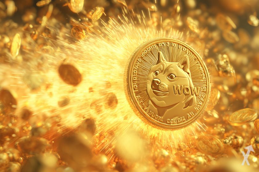 coin 3D du dogecoin doge représentant un shiba inu avec une explosion dorée et lumineuse
