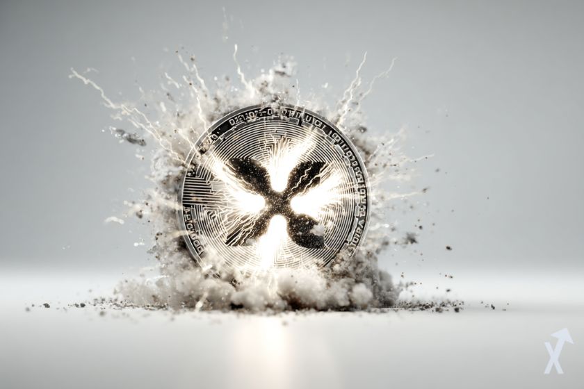 coin 3D xrp de ripple lumineux, avec une explosion de poussière et d'éclair, sur fond gris