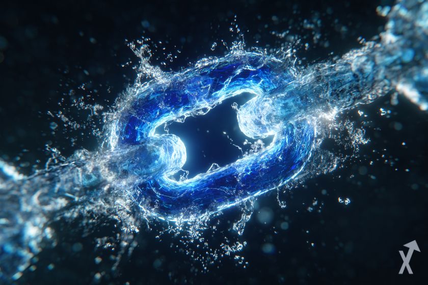 une chaine bleue entourée d'eau et de lumière blanche, pour symobiliser les baleines du chainlink link