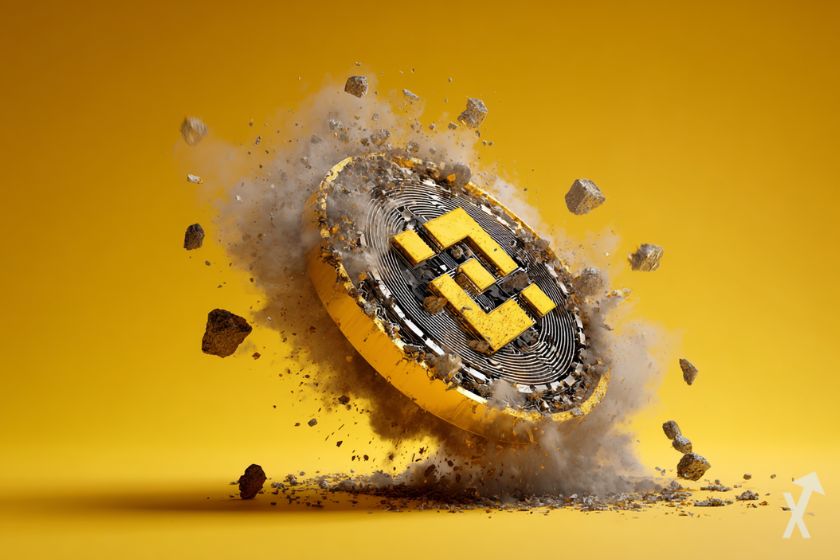 coin 3D bnb de binance en pleine explosion sur un fond jaune