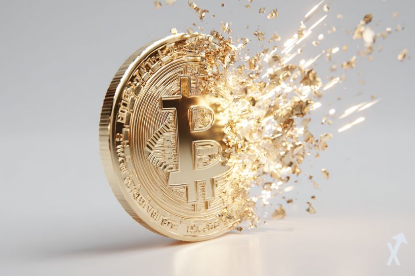coin 3D du bitcoin en plein explosion dorée avec des étincelles
