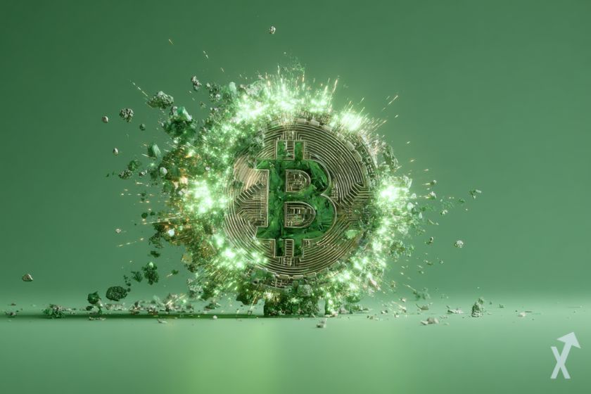 coin 3D bitcoin en vert avec une explosion lumineuse sur un fond vert