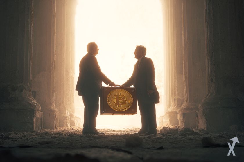 deux traders qui s'échangent une malette avec du bitcoin dans un endroit mystérieux