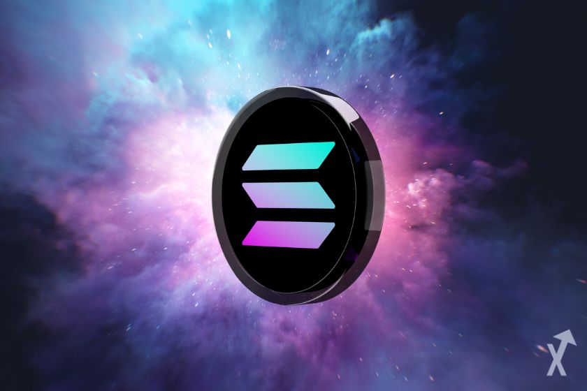 logo solana sol sur un fond rose bleu, ambiance étoilée