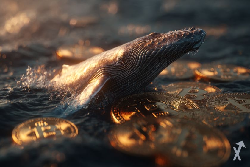 une baleine qui sort de l'océan entourée de bitcoin doré