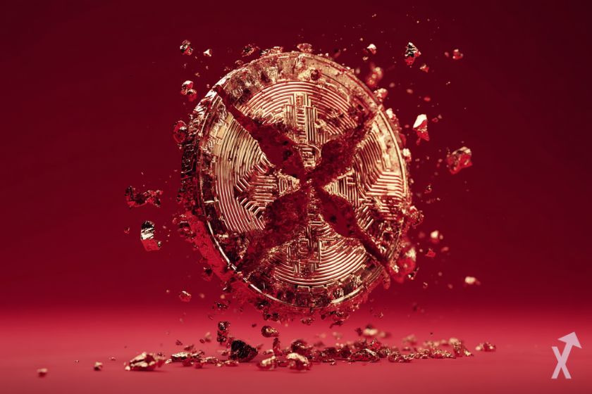 coin 3D xrp avec des fissures et une explosion , sur un fond rouge