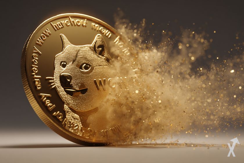 coin 3D dogecoin doge lumineux avec de la poudre dorée sur un fond sombre