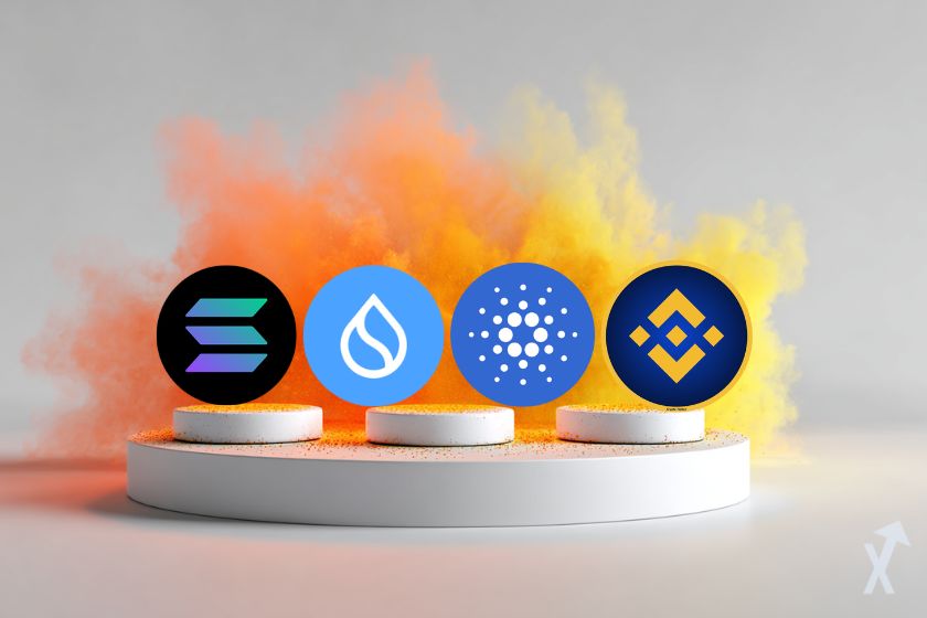 un podium avec des couleurs explosives orange jaune avec 4 logo altcoins