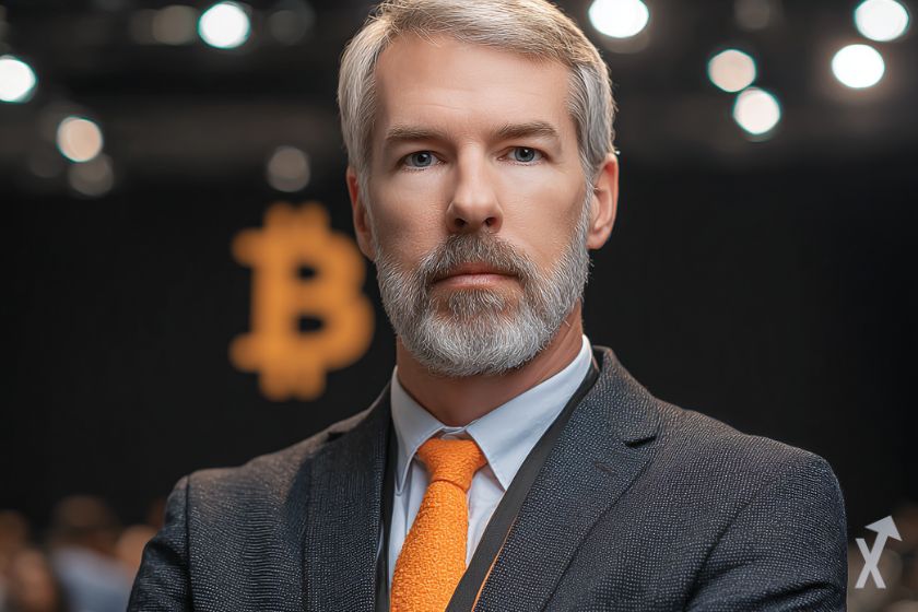 michael saylor en costume avec une cravatte orange, logo bitcoin orange derrière