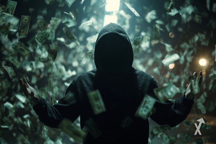 Un mystérieux trader avec un sweat à capuche entouré de billets volant dans toute la pièce