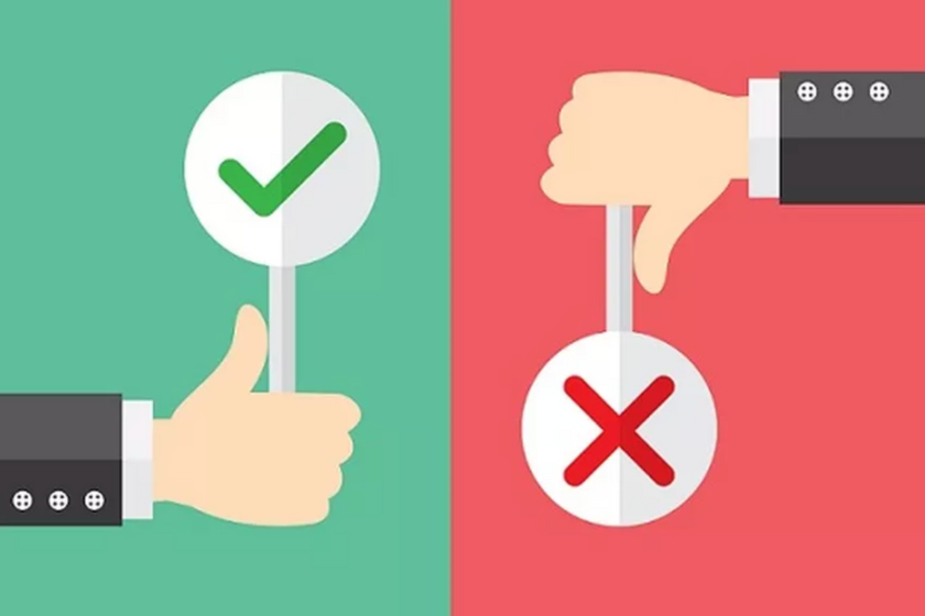 Un pouce levé dans un fond vert et un pouce baissé dans un fond rouge