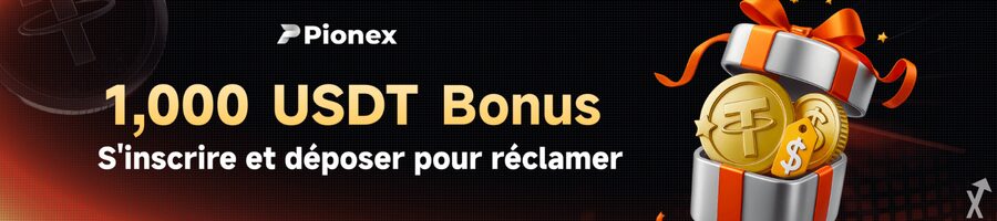 Une bannière avec un écrit en or "1,000 USDT Bonus" au-dessous du logo Pionex et à gauche d'un cadeau argenté rempli de tokens cryptos