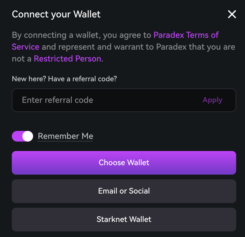 paradex interface noire et violette, connecter son portefeuille sur la plateforme