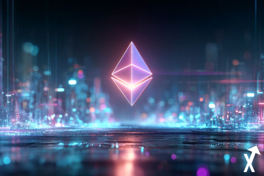 logo ethereum rose neon sur fond de ville futuriste crypto bleue et rose