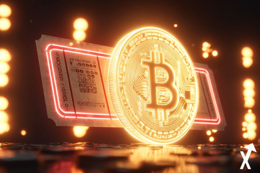 Bitcoin coin gold et ticket de lotterie sur fond neon casino vibe