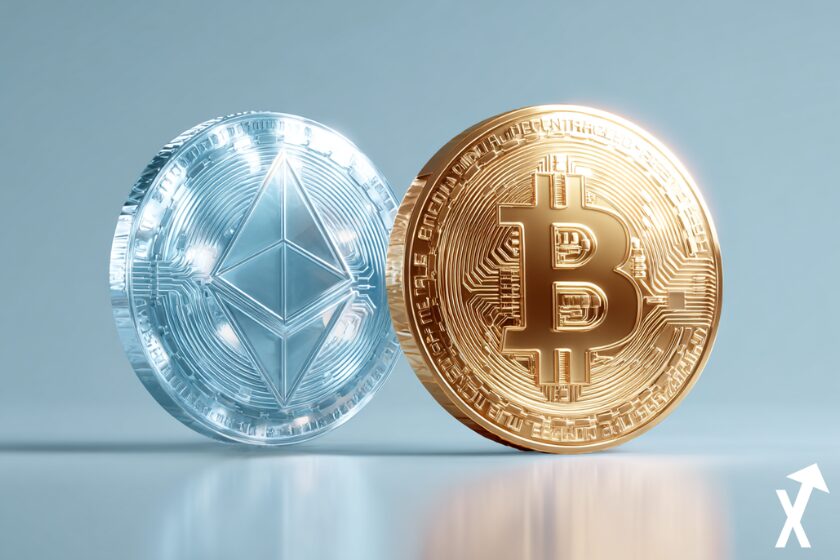 bitcoin ethereum coins colorés doré et argent bleu, sur fond bleu glacé crypto vibe