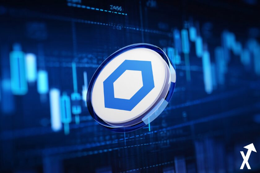 chainlink jeton bleu blanc sur fond trading chart bleu blanc crypto
