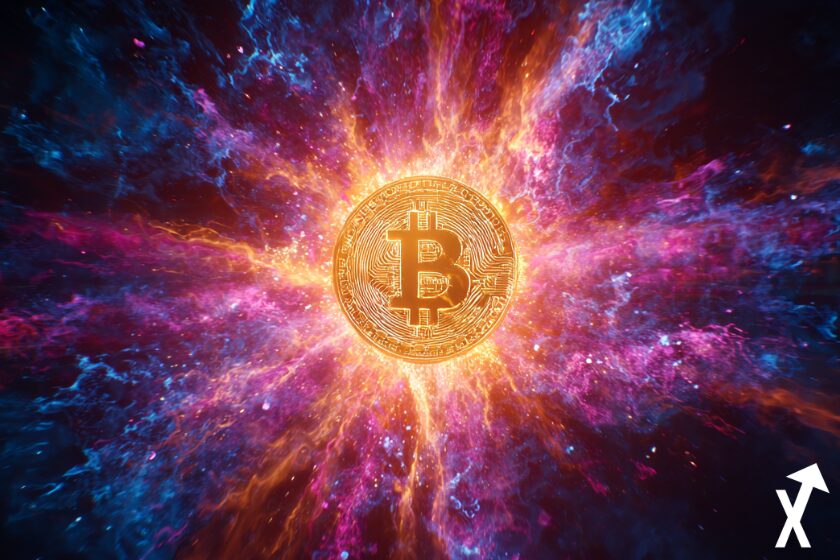 jeton bitcoin coloré doré sur fond multicolore crypto sky