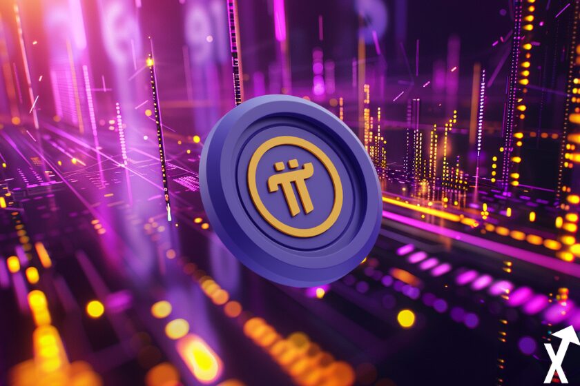 pi coin violet jaune sur fond trading chart