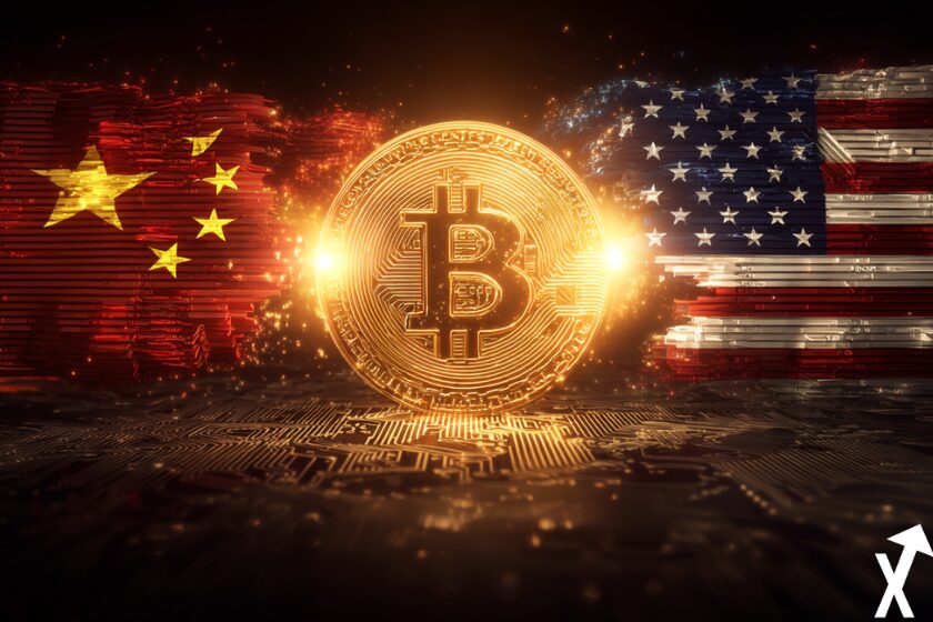 bitcoin coins entouré des drapeaux chine et usa