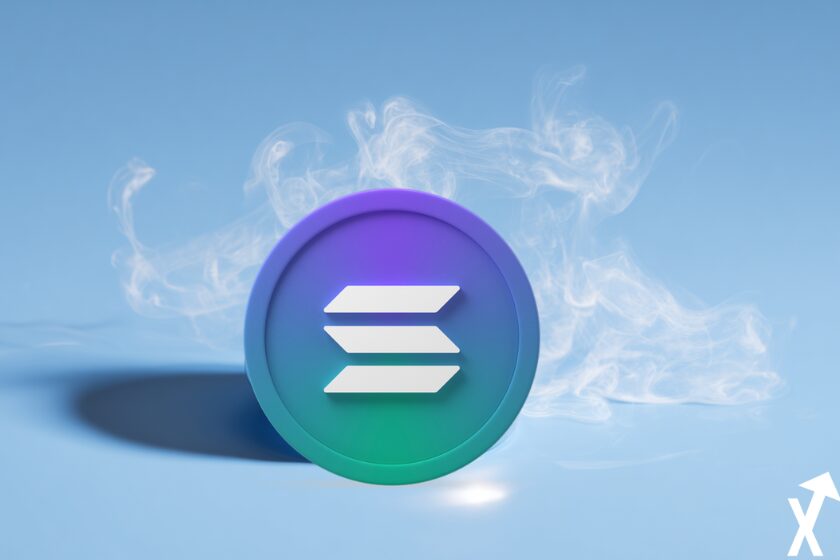 solana coin bleu vert sur fond bleu ciel fumée autour