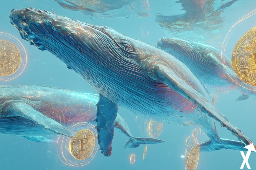 baleines bitcoin dorés dans océan blockchain