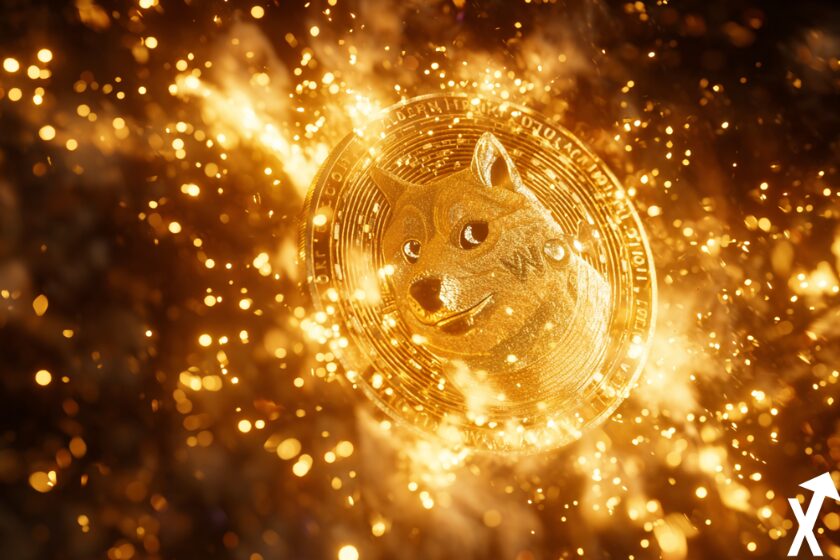 dogecoin doge doré en feu sur fond feu crypto