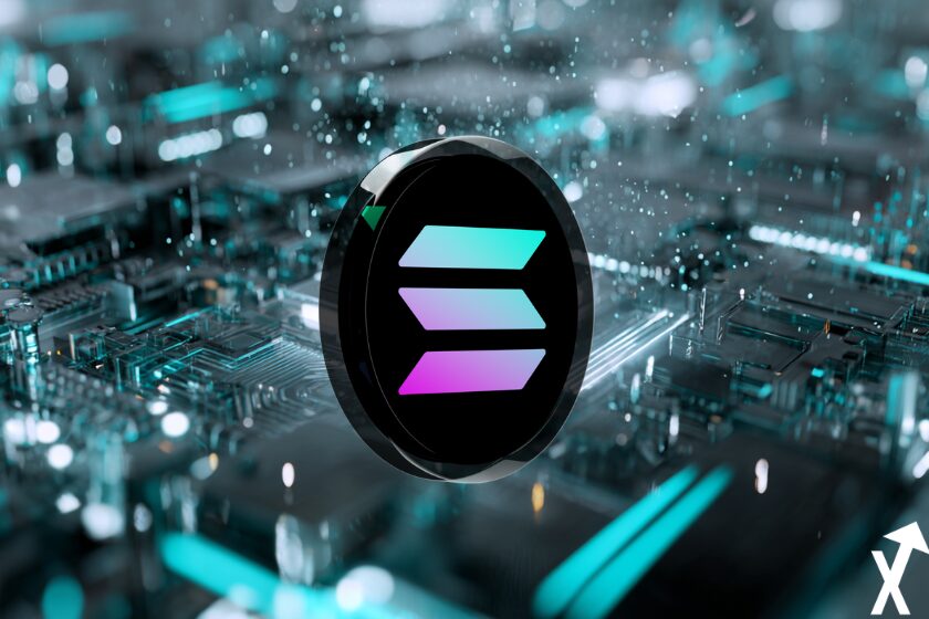 Solana coin noir violet bleu sur fond de blockchain bleue et argent