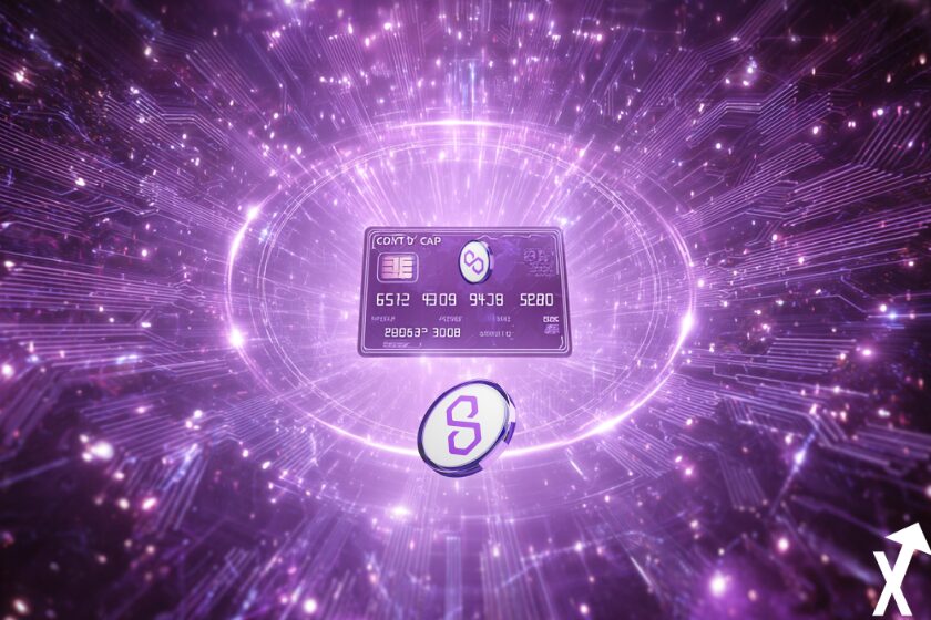polygon crypto coin violet blanc avec carte bancaire mastercard sur fond blockchain violet et blanc