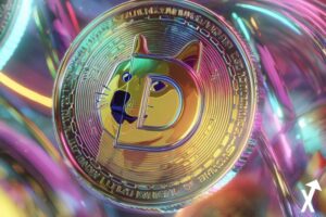 dogecoin jeton doré et coloré sur fond multicolor crypto
