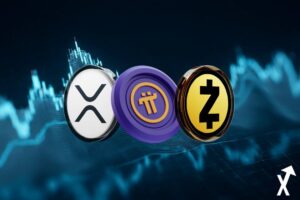 zcash pi coin et xrp ripple jetons alignés sur fond trading chart bleu