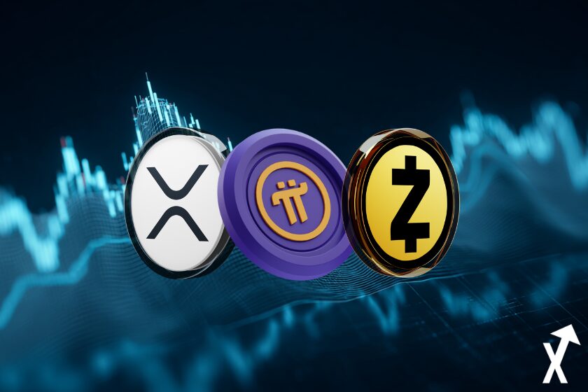 zcash pi coin et xrp ripple jetons alignés sur fond trading chart bleu