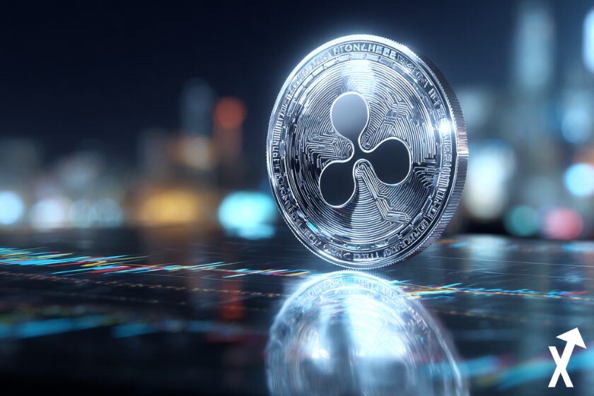 xrp coin argenté sur fond paysage futuriste crypto