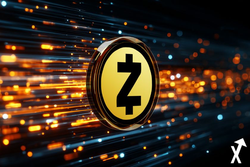 zcash coin orange et noir sur fond lumineux noir et orange fondu