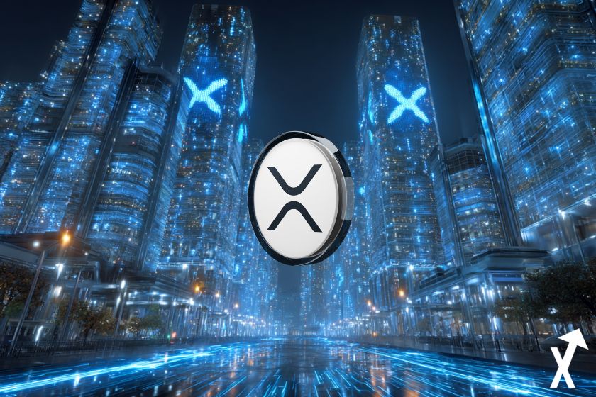 xrp coin noir et blanc sur fond ville du futur crypto vibe. bleue et noire