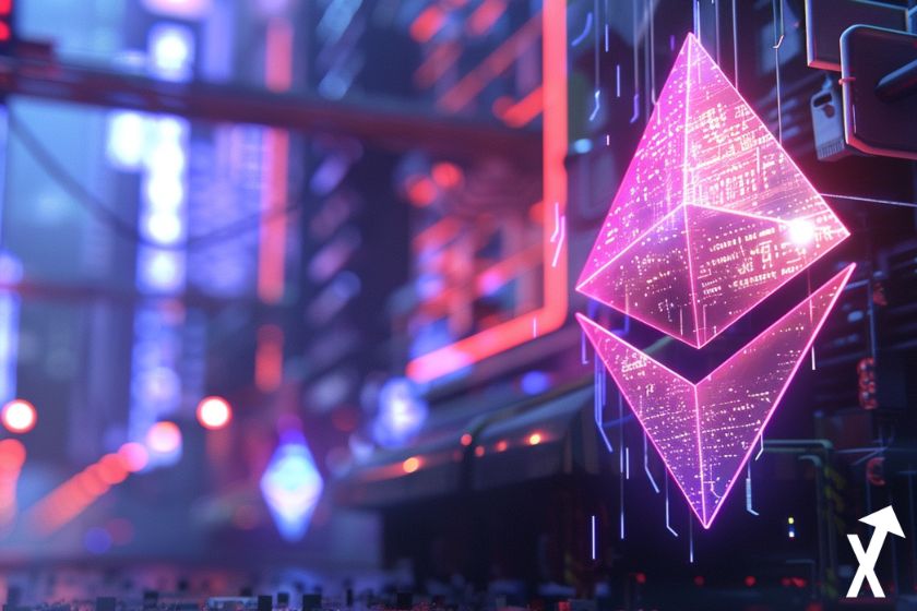 ethereum coin eth rose sur fond de ville futuriste rose et bleue