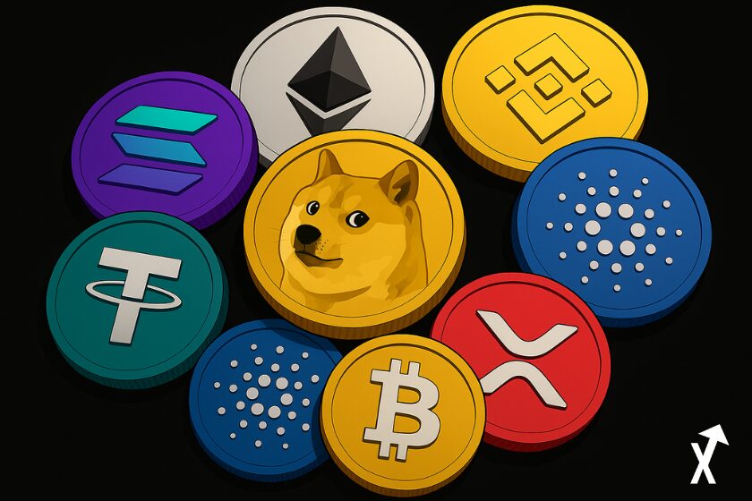 Cryptomonnaies BTC, ETH, BNB, SOL, USDT, ADA, XRP sur fond noir