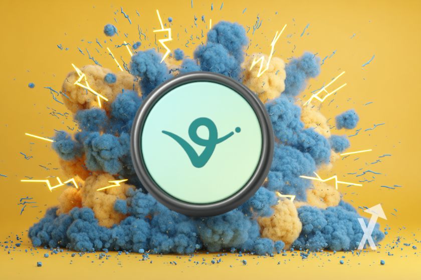 coin VIRTUAL sur une explosion bleue avec des éclairs et un fond jaune