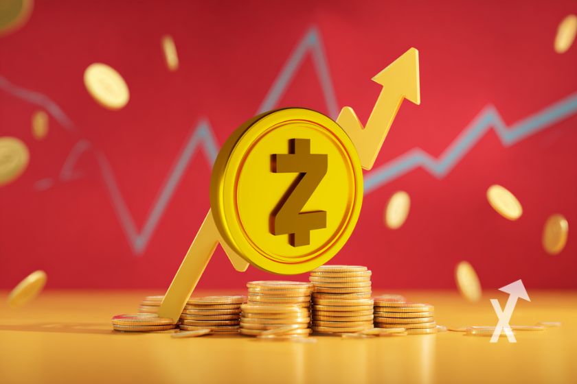 zcash ZEC coin en jaune sur des cryptos tokens en or empilés sur un fond rouge et jaune avec une flèche jaune vers le haut