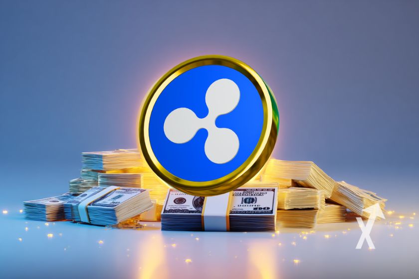 XRP coin sur un tas de billets dollars et un fond gris bleu
