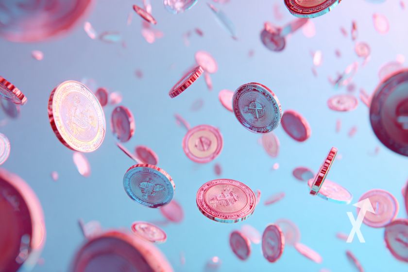 crypto tokens en rose dans un ciel bleu