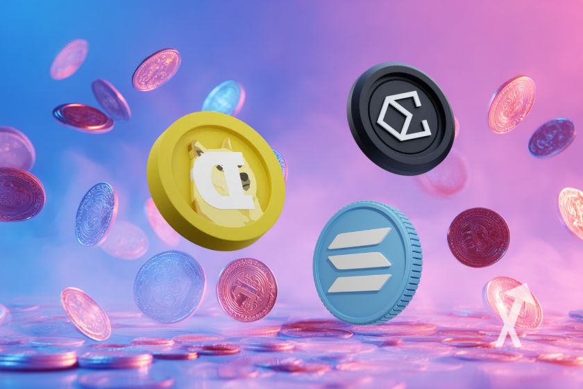 coinsn DOGE, ENA et SOL sur un fond rose avec d'autres tokens en fonds qui tombent de partout