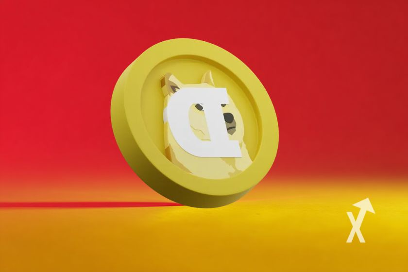 Coin du DOGE deogecoin sur un fond rouge et jaune