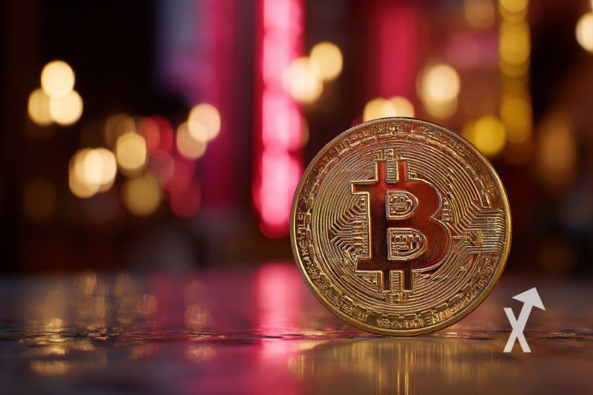 Bitcoin coin dans la rue la nuit avec des néons rouge en fond