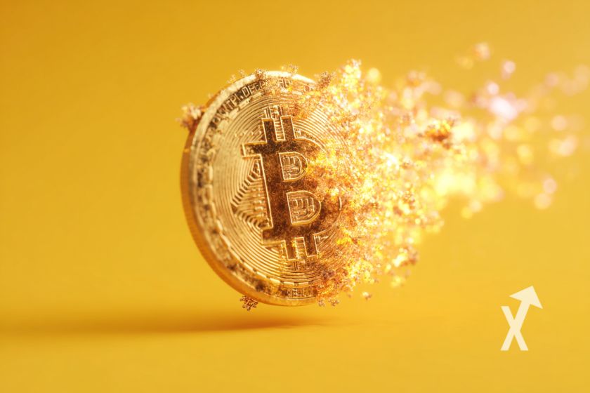Bitcoin coin en 3D qui prend feu sur un fond jaune
