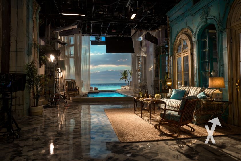 Salon de tournage à Hollywood avec un canapé et vu sur la plage