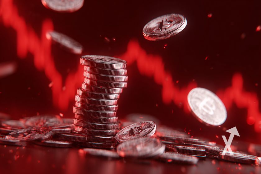 coin Bitcoin empilés et qui volent sur un fond rouge avec une trendline baissière en fond en rouge