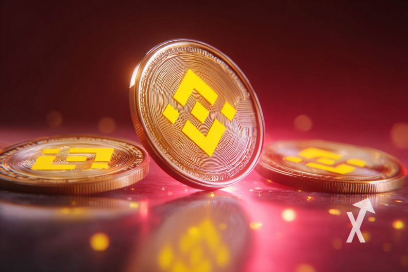 Coin BNB en 3D avec reflets rouges sur un fond rouge et deux autres coins BNB posés sur le sol en fond