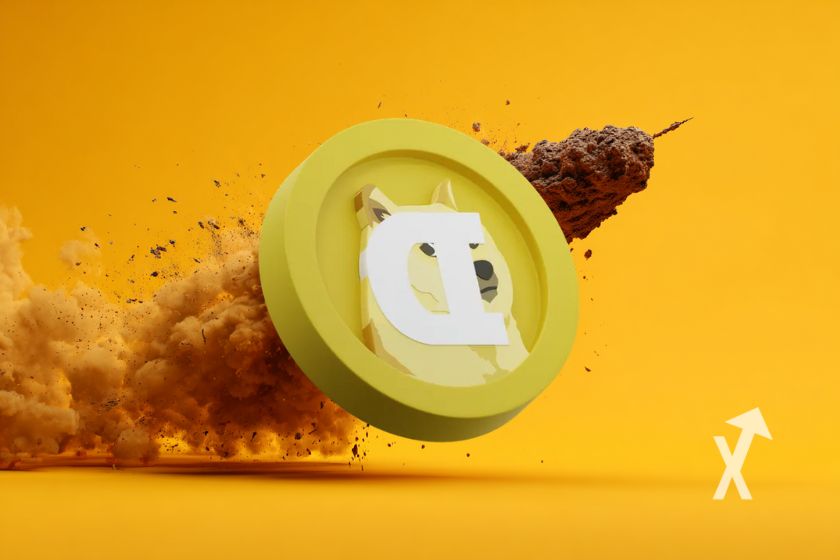 Coin Dogecoin avec une fusée derrière avec de la fumée sur un fond jaune